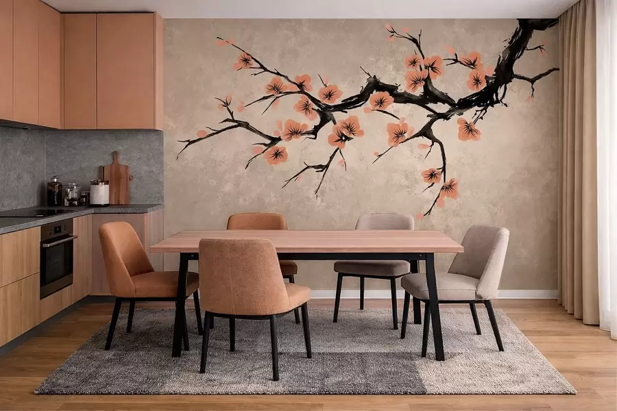 wall murals Branch with peach blossoms on textured background w05425v3