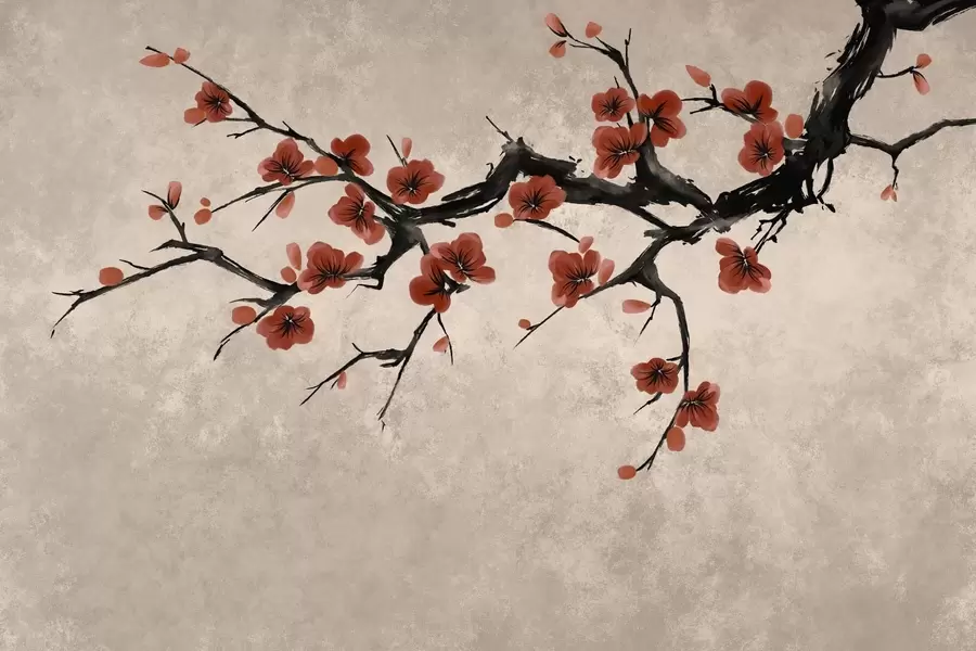 wall murals Blossom branch in eastern style on beige background w05425v4