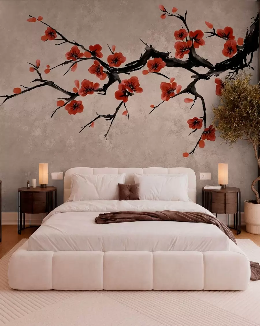 wall murals Blossom branch in eastern style on beige background w05425v4