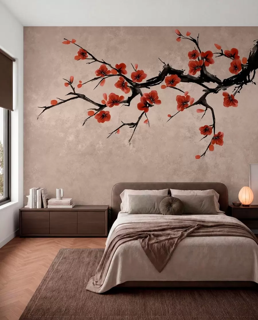 Wall Mural Photo Wallpaper Blossom branch in eastern style on beige background w05425v4