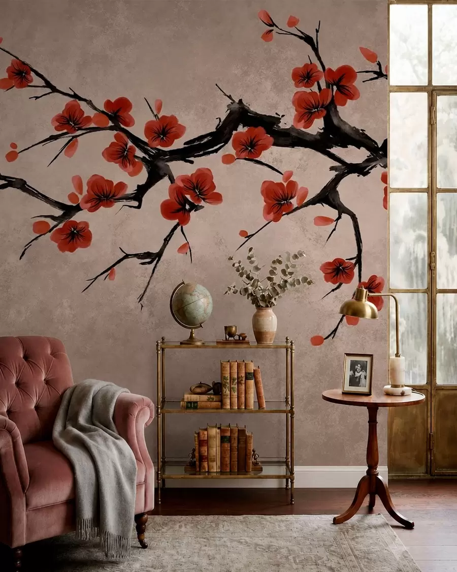 murales Rama con flores de estilo oriental sobre fondo beige w05425v4