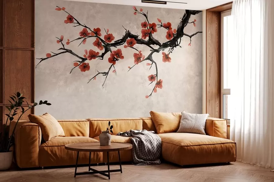 peintures murales Branche fleurie de style oriental sur fond beige w05425v4