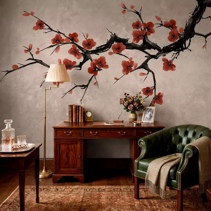 murales Rama con flores de estilo oriental sobre fondo beige w05425v4