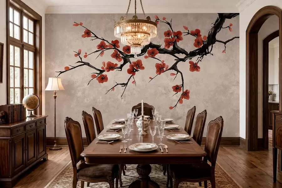 wall murals Blossom branch in eastern style on beige background w05425v4