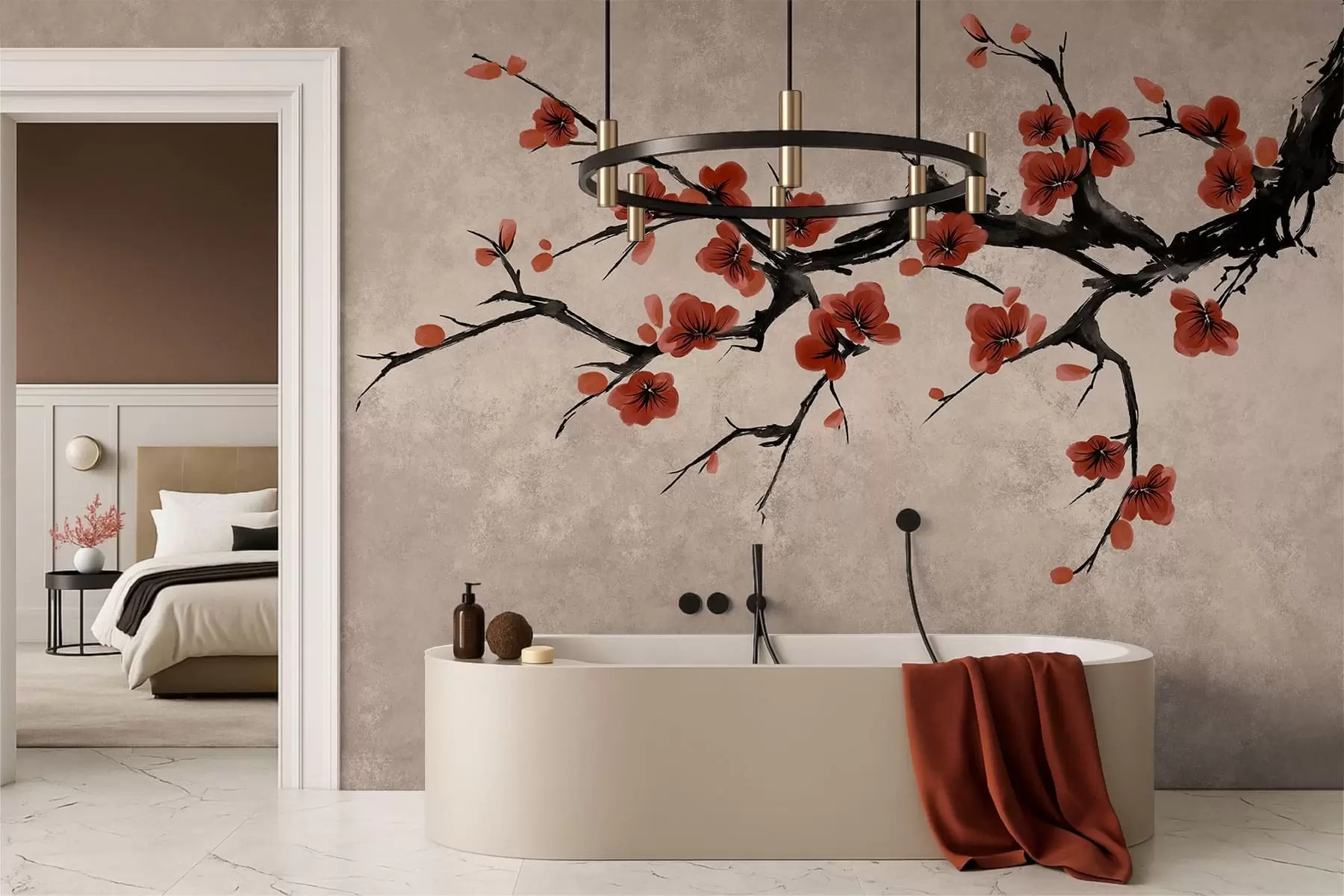 murales Rama con flores de estilo oriental sobre fondo beige w05425v4