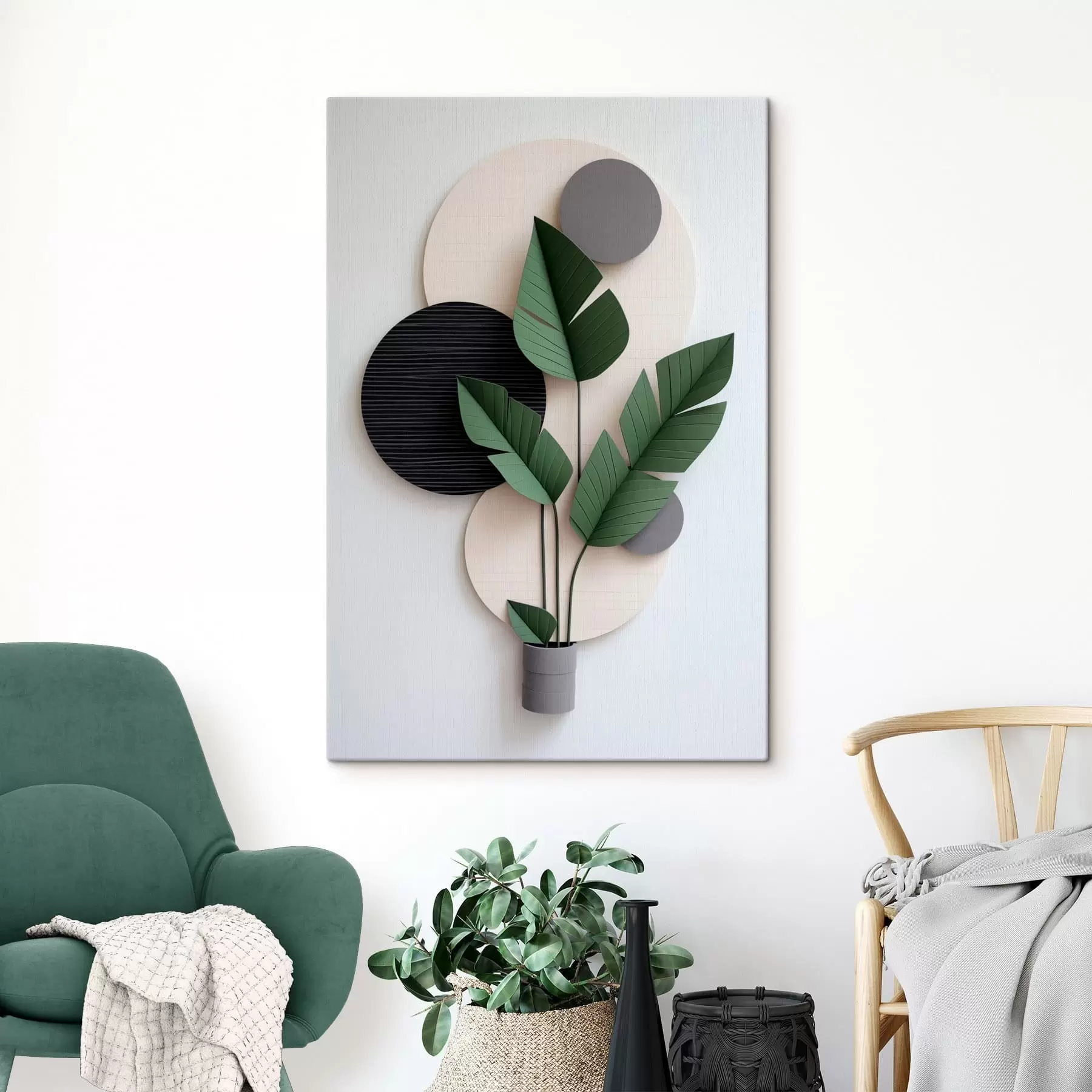 murales Diseño minimalista con círculos geométricos y hojas verdes s48607