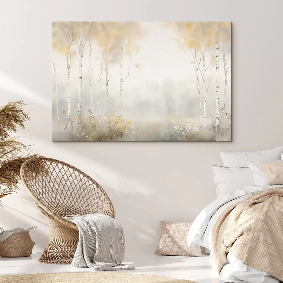 wall murals Forest of thin trees in mist, soft light tones s48623