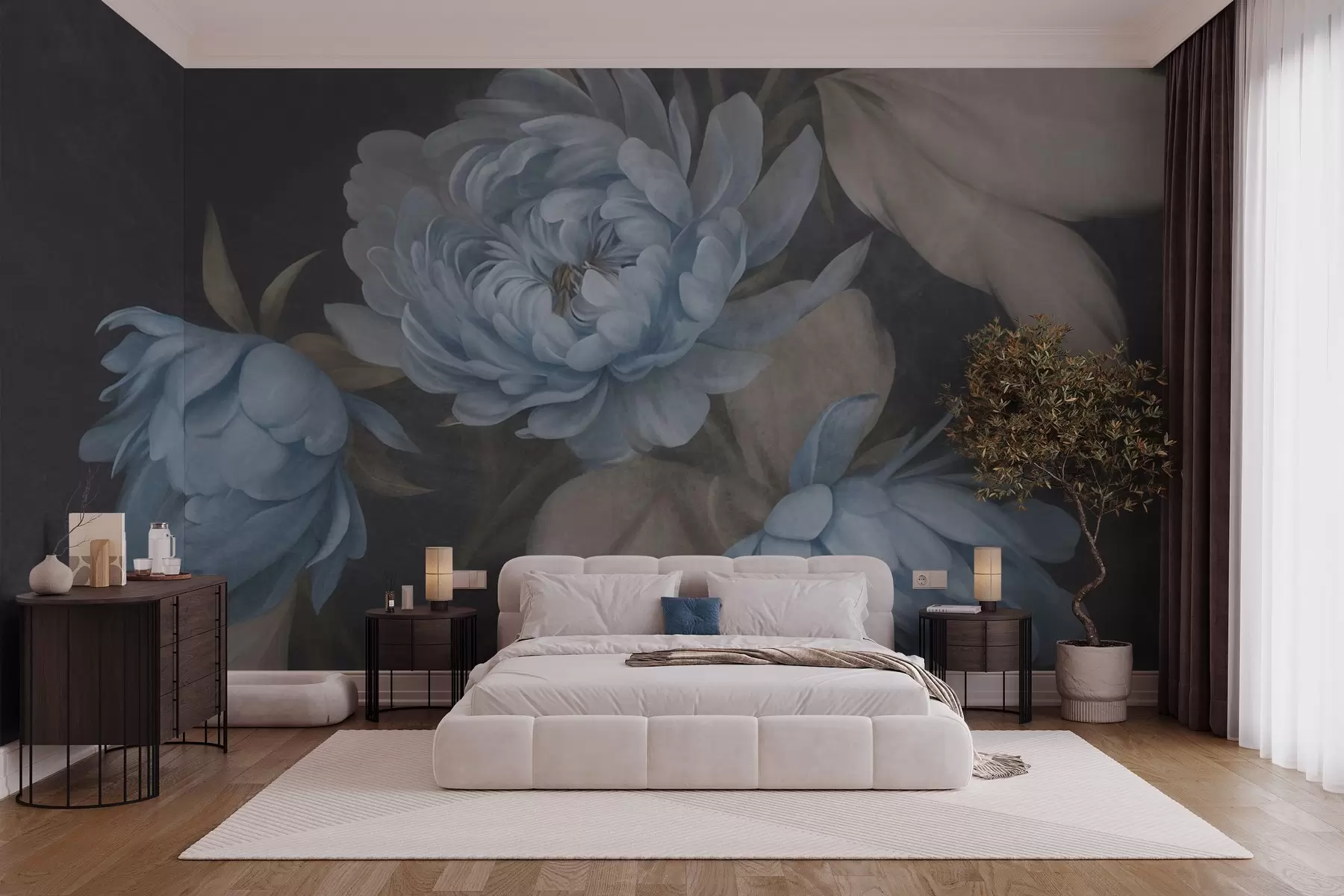 Wall Mural Photo Wallpaper Textured light blue peony flowers with beige leaves against a dark background w09751