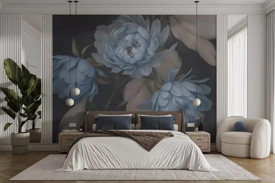 Wall Mural Photo Wallpaper Textured light blue peony flowers with beige leaves against a dark background w09751