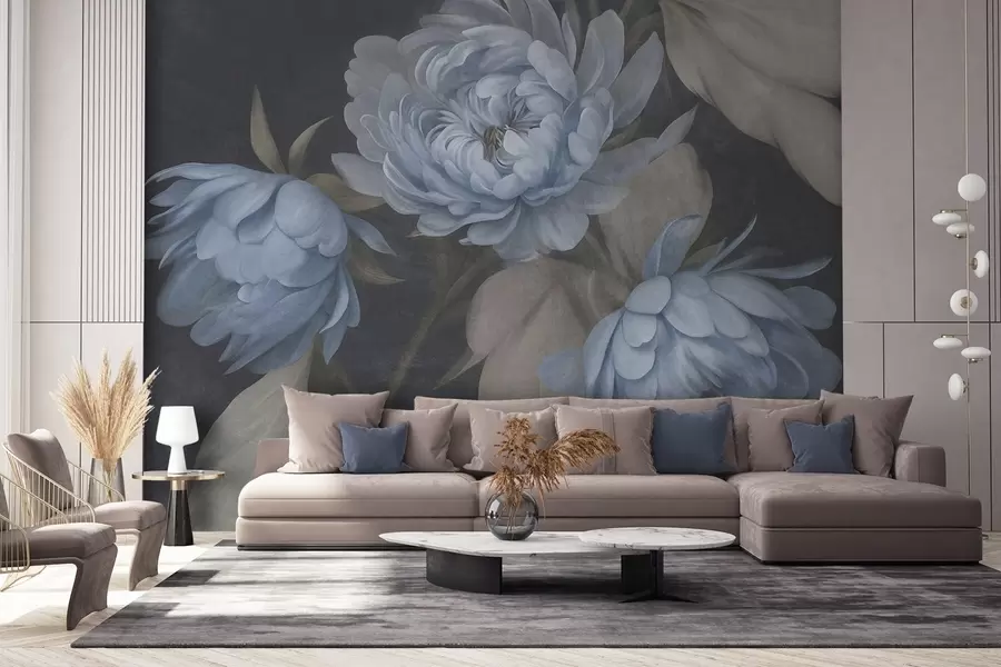 Wall Mural Photo Wallpaper Textured light blue peony flowers with beige leaves against a dark background w09751