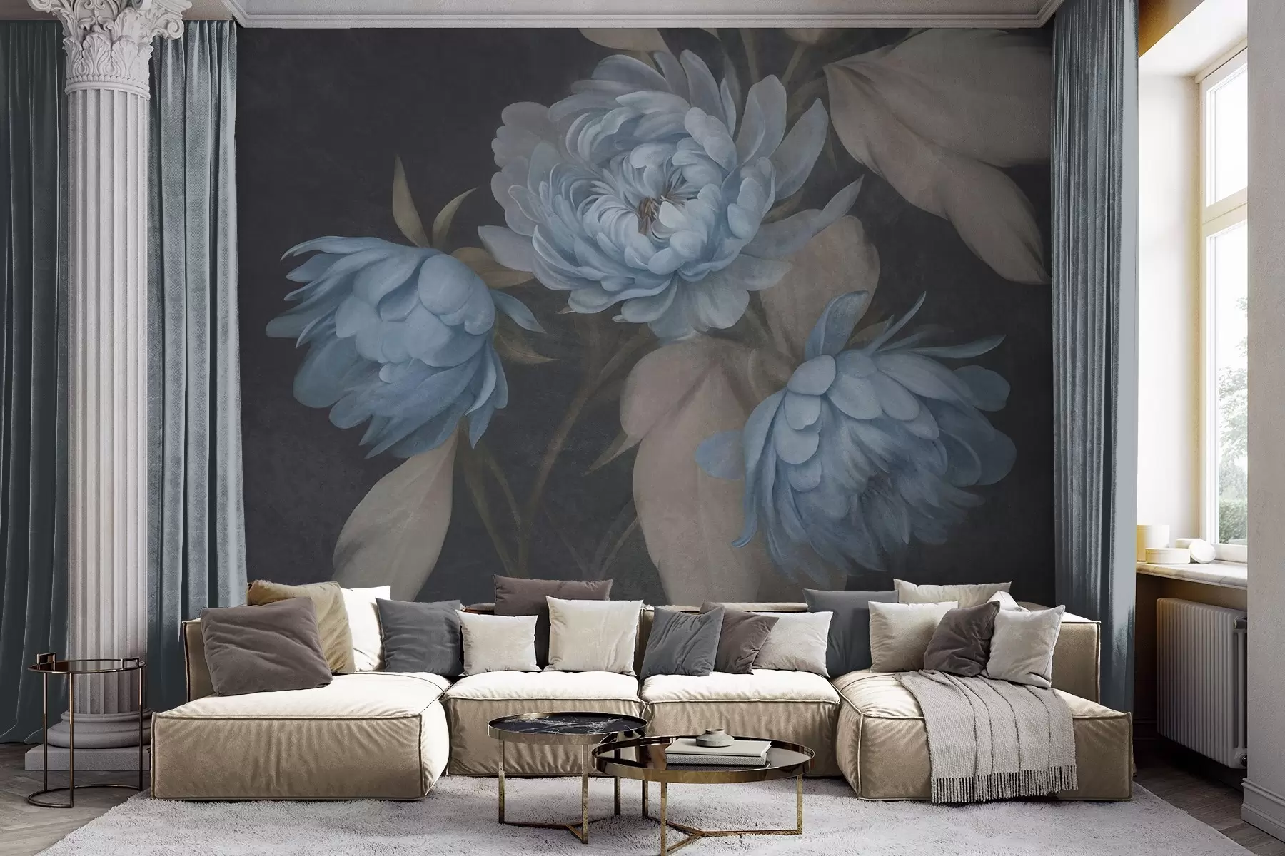 Wall Mural Photo Wallpaper Textured light blue peony flowers with beige leaves against a dark background w09751