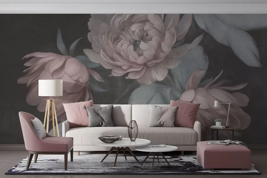 murais de parede Flores de peônia rosa claro com textura e folhas verdes suaves sobre um fundo escuro w09751v1
