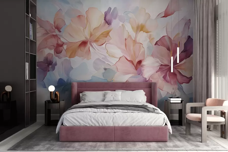 murales Flores abstractas de fantasía en tonos rosa, melocotón y lavanda, en estilo pictórico y con textura w09767