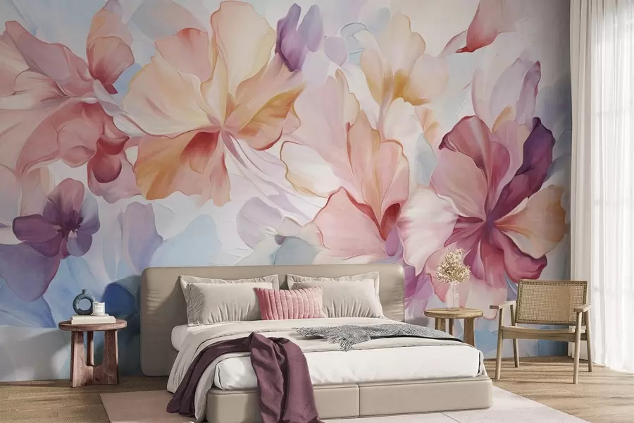 murales Flores abstractas de fantasía en tonos rosa, melocotón y lavanda, en estilo pictórico y con textura w09767