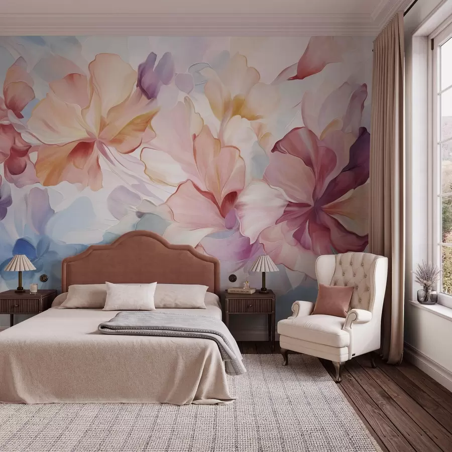 Wall Mural Photo Wallpaper Abstract fantasy flowers in shades of pink, peach and lavender in painting style, textured art w09767