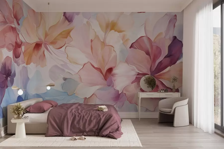 murales Flores abstractas de fantasía en tonos rosa, melocotón y lavanda, en estilo pictórico y con textura w09767