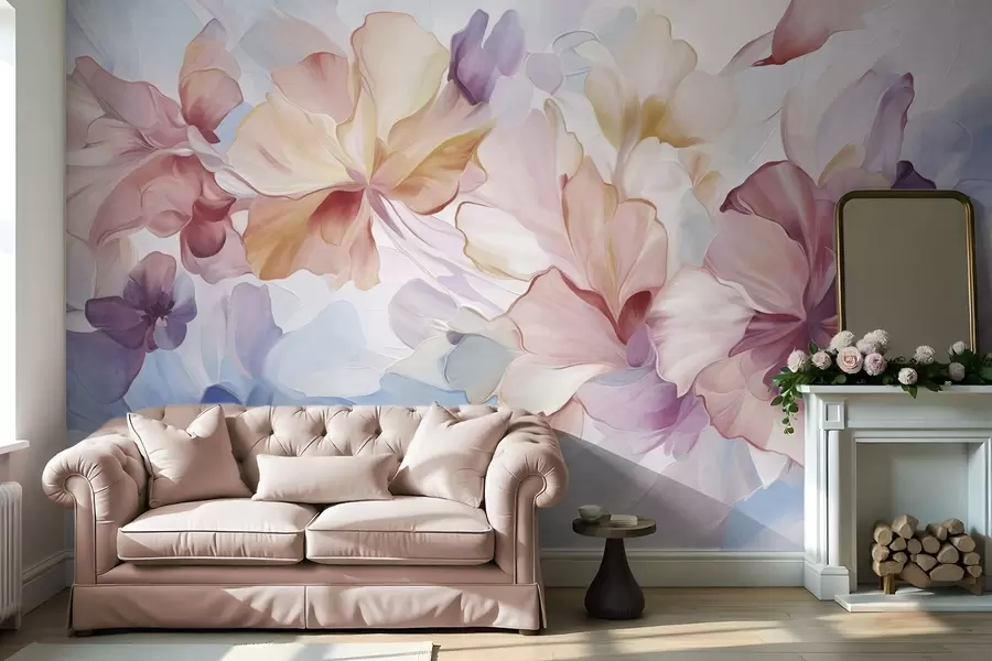 peintures murales Fleurs fantaisistes abstraites dans des tons de rose, de pêche et de lavande, dans un style pictural et texturé w09767