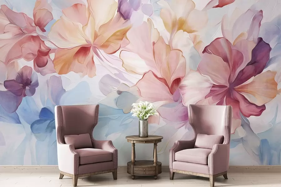 murales Flores abstractas de fantasía en tonos rosa, melocotón y lavanda, en estilo pictórico y con textura w09767