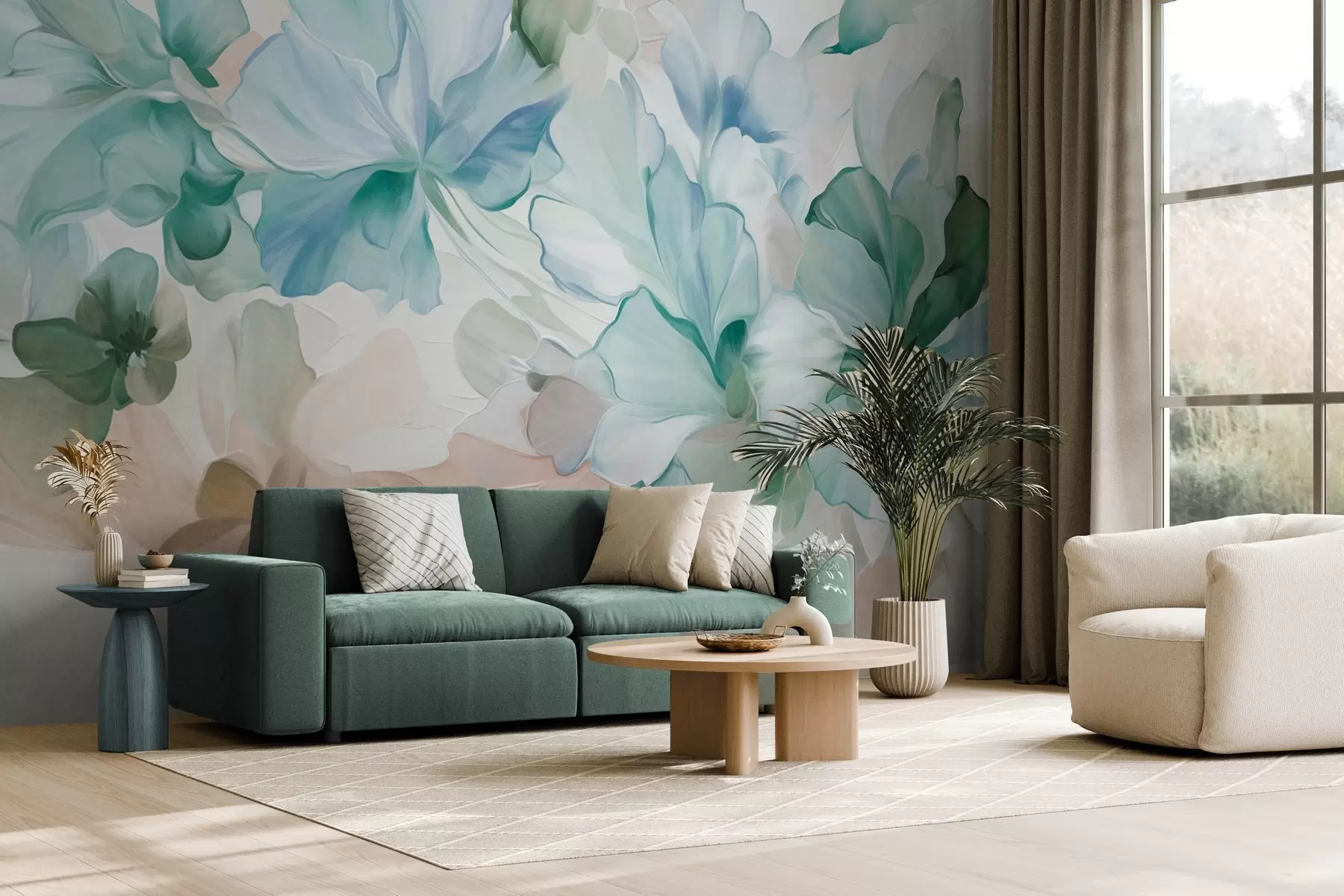 peintures murales Fleurs fantaisistes abstraites dans des tons de vert, de bleu et de beige, dans un style pictural et texturé w09767v1