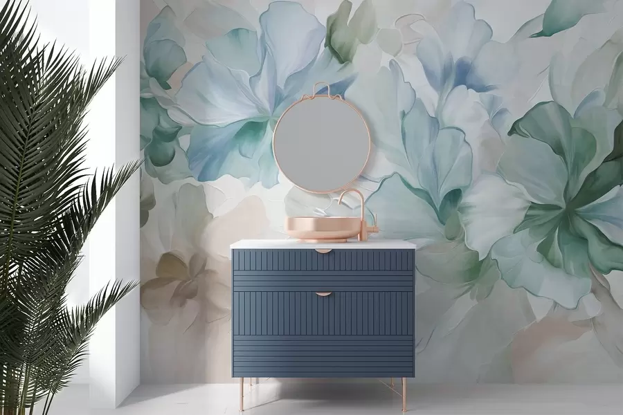 peintures murales Fleurs fantaisistes abstraites dans des tons de vert, de bleu et de beige, dans un style pictural et texturé w09767v1