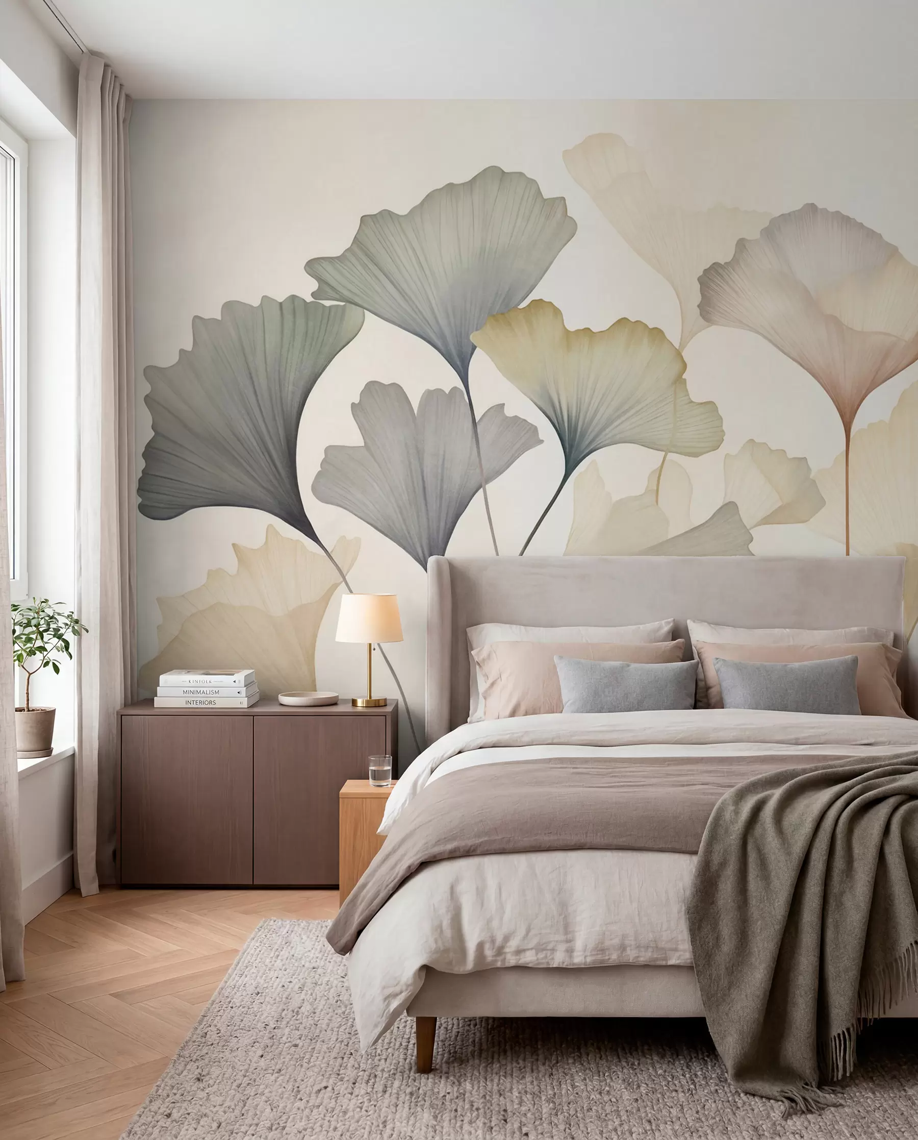 peintures murales Feuilles de ginkgo stylisées dans des tons pastel discrets tels que le bleu, le vert et le pêche, œuvre d'art texturée w09810