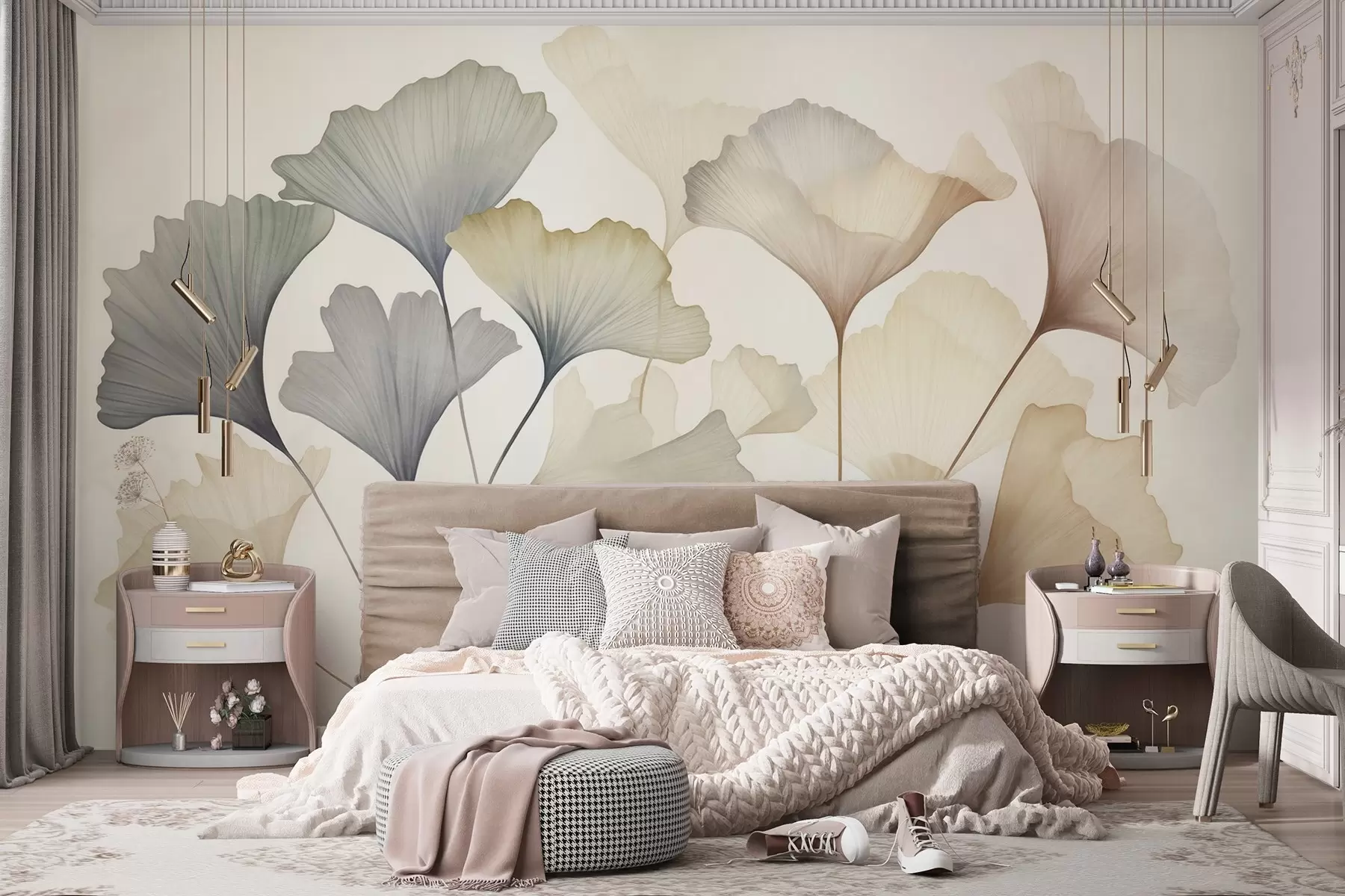 Wall Mural Photo Wallpaper Abstract ginkgo leaves in muted pastel colors like blue, green, and peach, textured art w09810