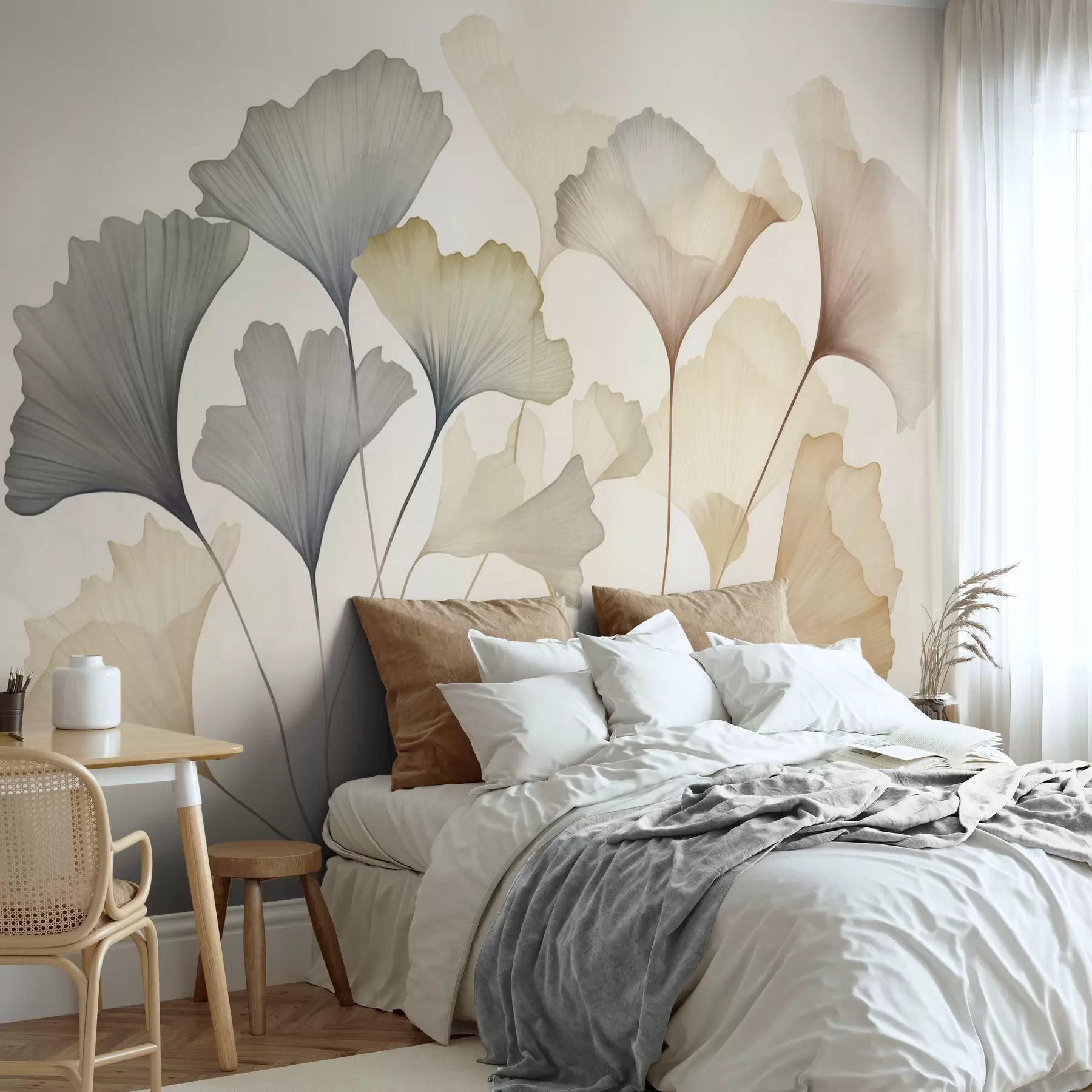 Wall Mural Photo Wallpaper Abstract ginkgo leaves in muted pastel colors like blue, green, and peach, textured art w09810