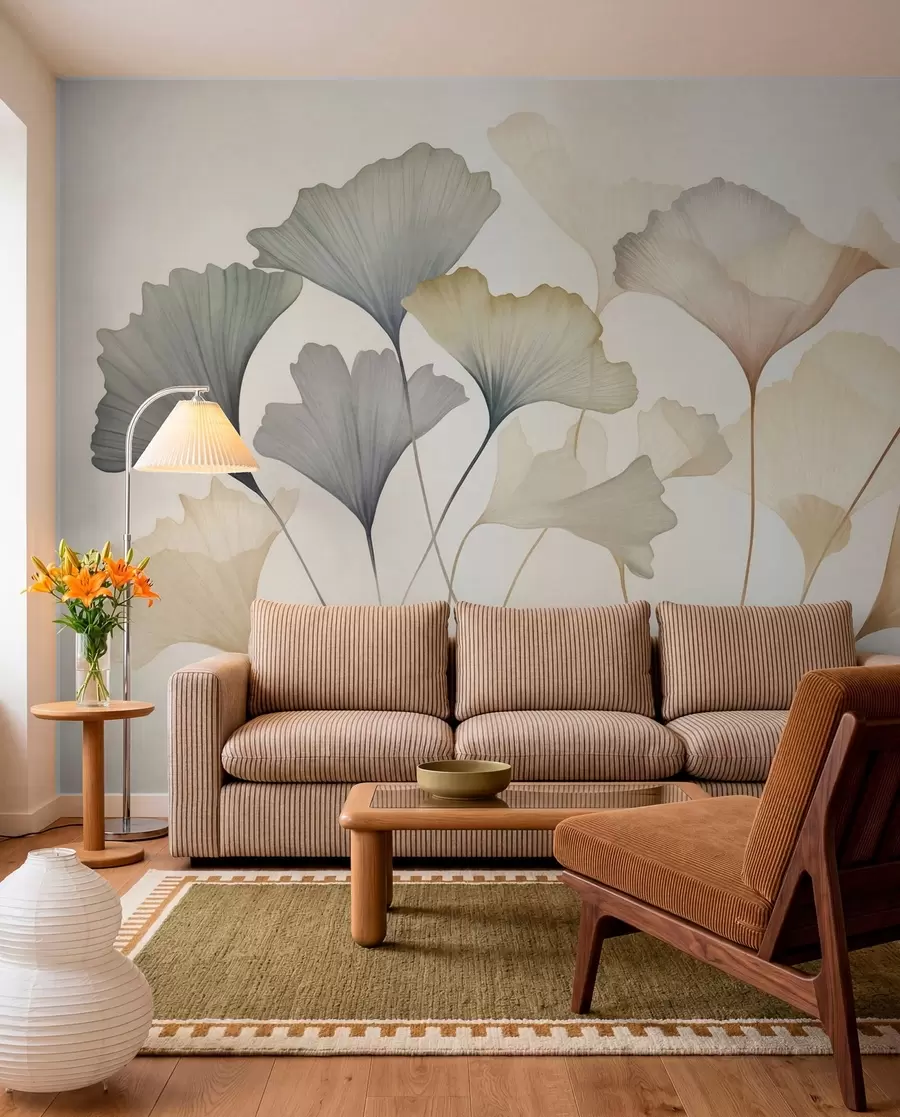 Wall Mural Photo Wallpaper Abstract ginkgo leaves in muted pastel colors like blue, green, and peach, textured art w09810
