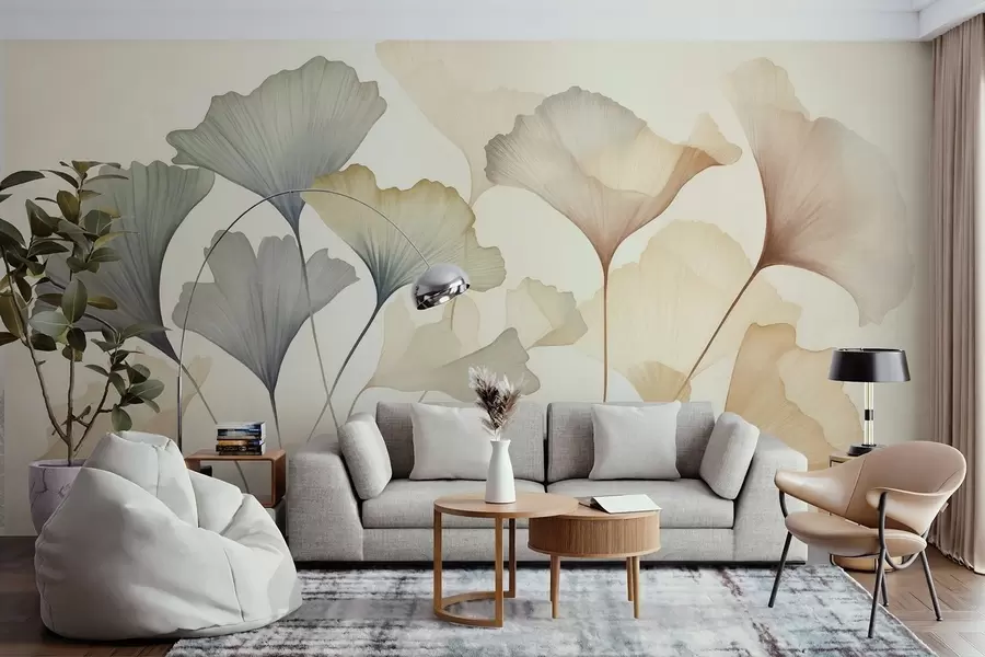 Wall Mural Photo Wallpaper Abstract ginkgo leaves in muted pastel colors like blue, green, and peach, textured art w09810