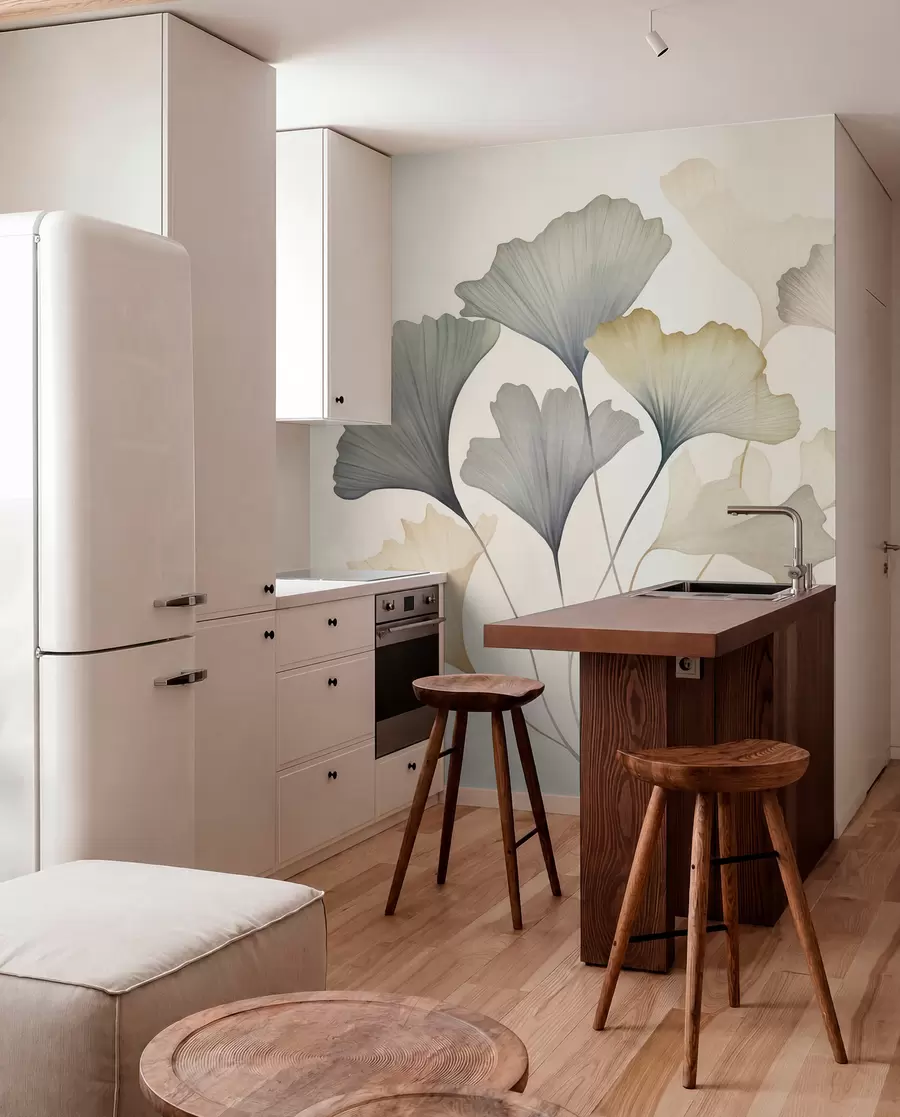 wall murals Abstract ginkgo leaves in muted pastel colors like blue, green, and peach, textured art w09810