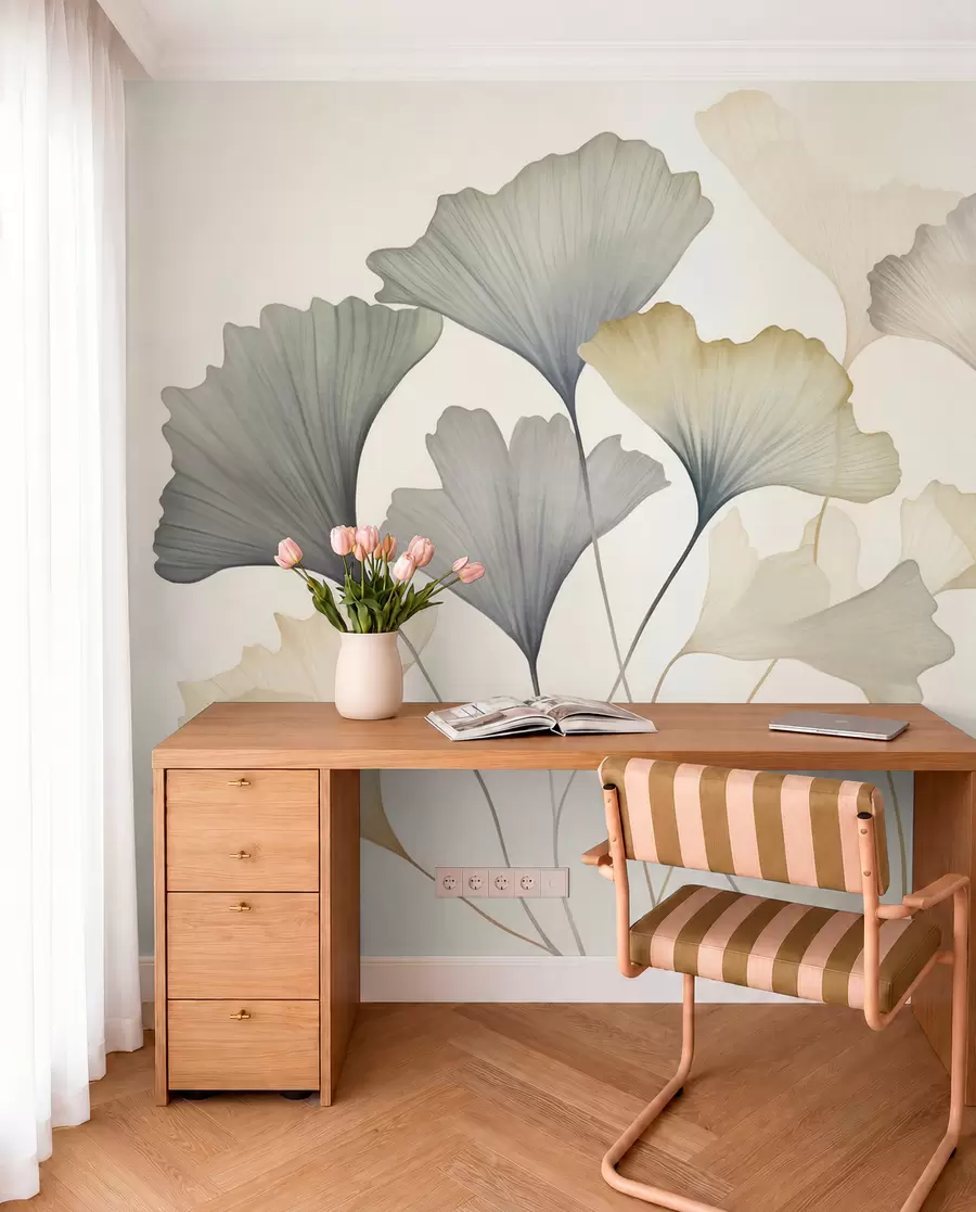 Wall Mural Photo Wallpaper Abstract ginkgo leaves in muted pastel colors like blue, green, and peach, textured art w09810