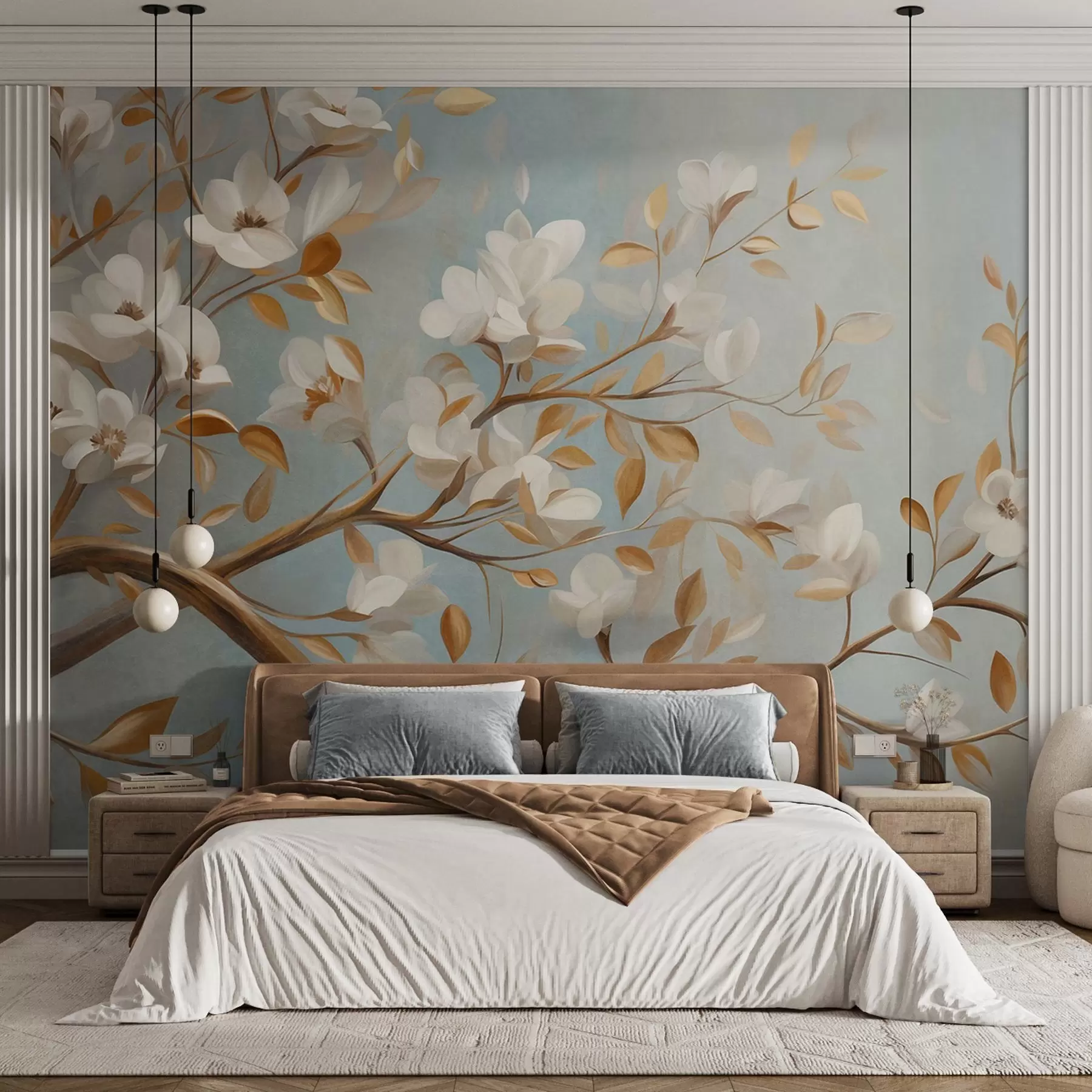 Wall Mural Photo Wallpaper Textured tree branch with white flowers and yellow leaves, vintage style w09814