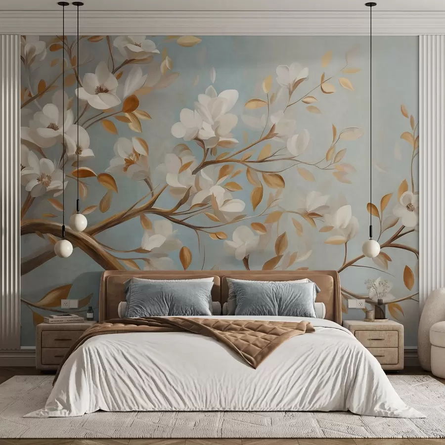 Wall Mural Photo Wallpaper Textured tree branch with white flowers and yellow leaves, vintage style w09814