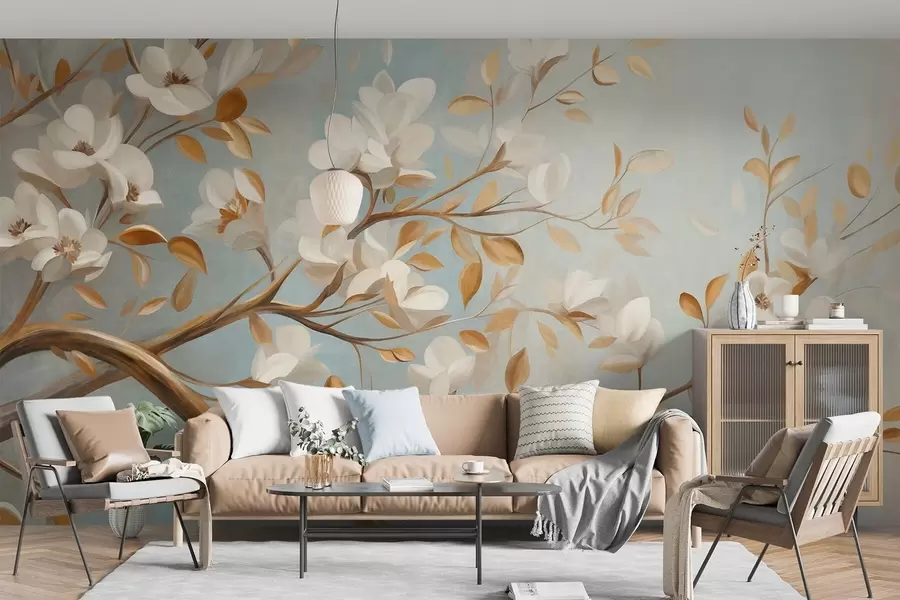 peintures murales Branche d'arbre texturée avec des fleurs blanches et des feuilles jaunes, style vintage w09814