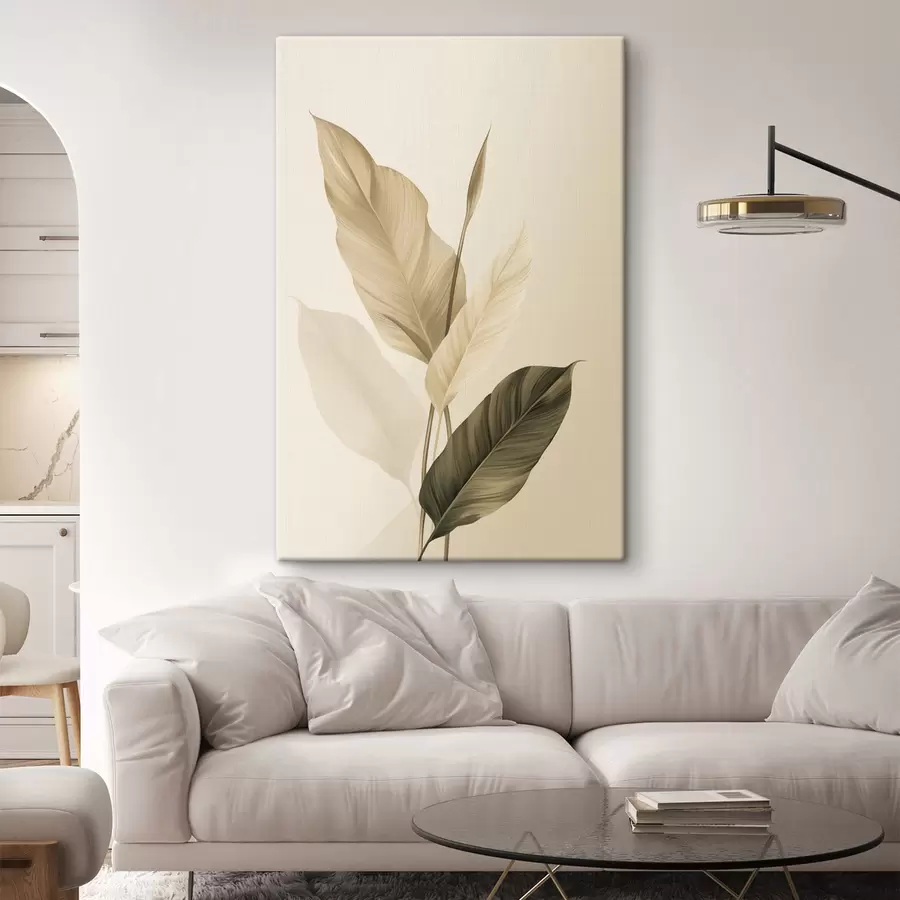 wall murals Large tropical leaves in shades of beige and brown, light background s48725