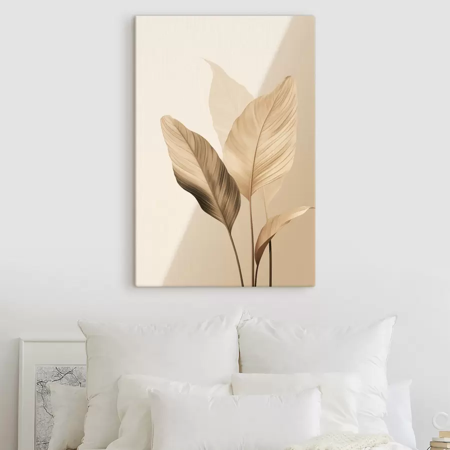 wall murals Large tropical leaves in shades of beige and brown, light background s48726