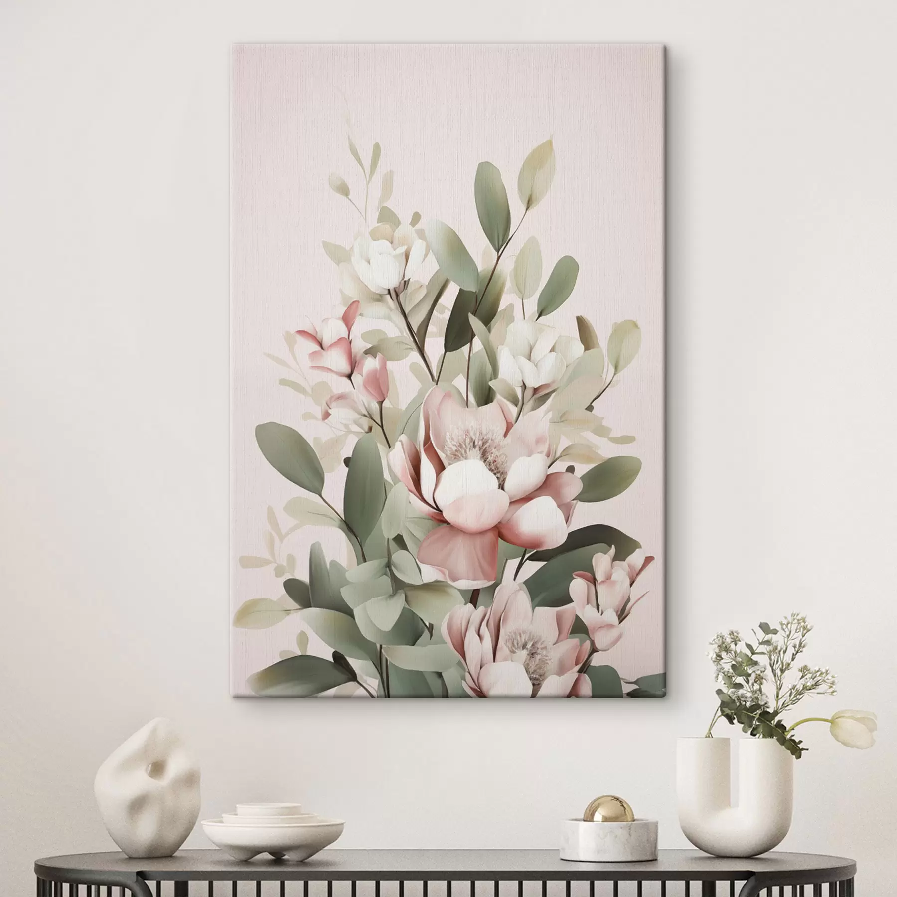 murales Un ramo de flores en tonos pastel con hojas de eucalipto, sobre un fondo rosa pálido s48727