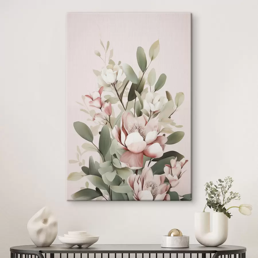 wall murals A bouquet of pastel flowers with eucaliptus leaves, pale pink background s48727