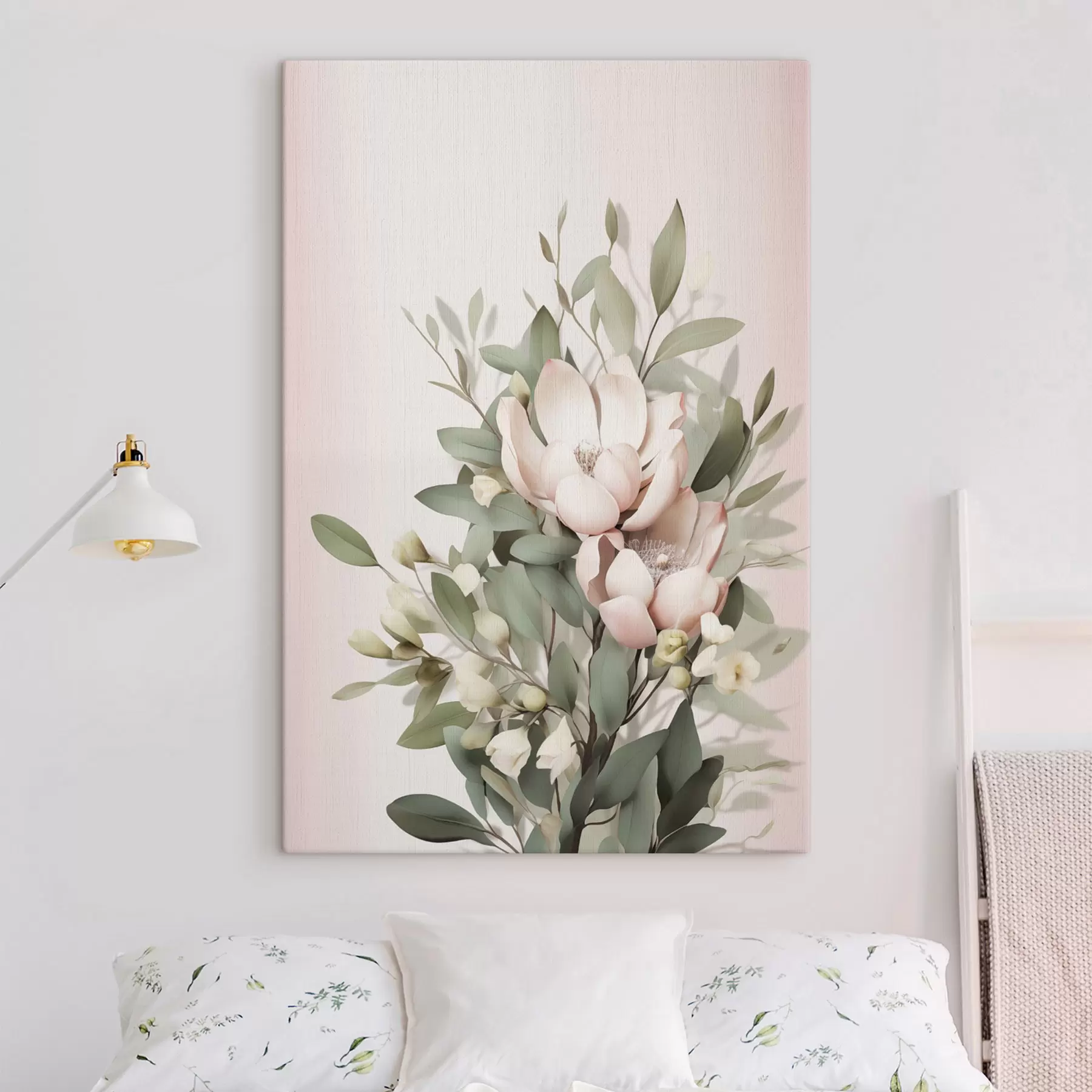 murales Un ramo de flores en tonos pastel con hojas de eucalipto, sobre un fondo rosa pálido s48728