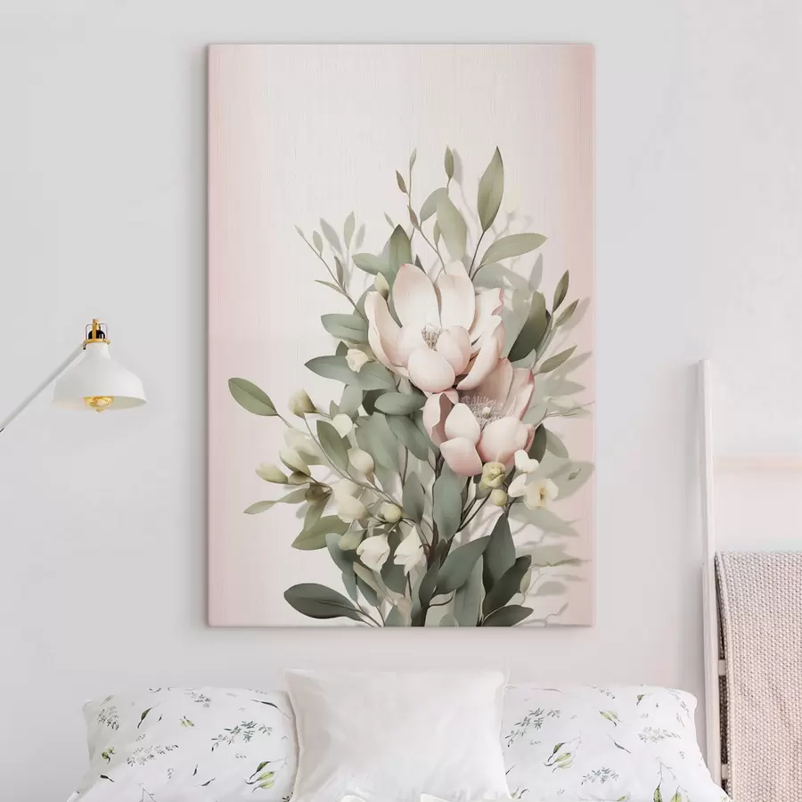 wall murals A bouquet of pastel flowers with eucaliptus leaves, pale pink background s48728