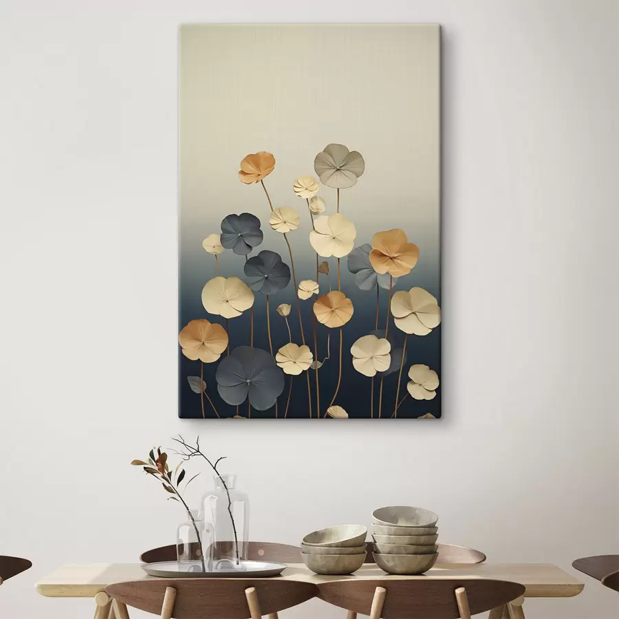 wall murals Water lily leaves against a muted background of beige and dark blue s48733