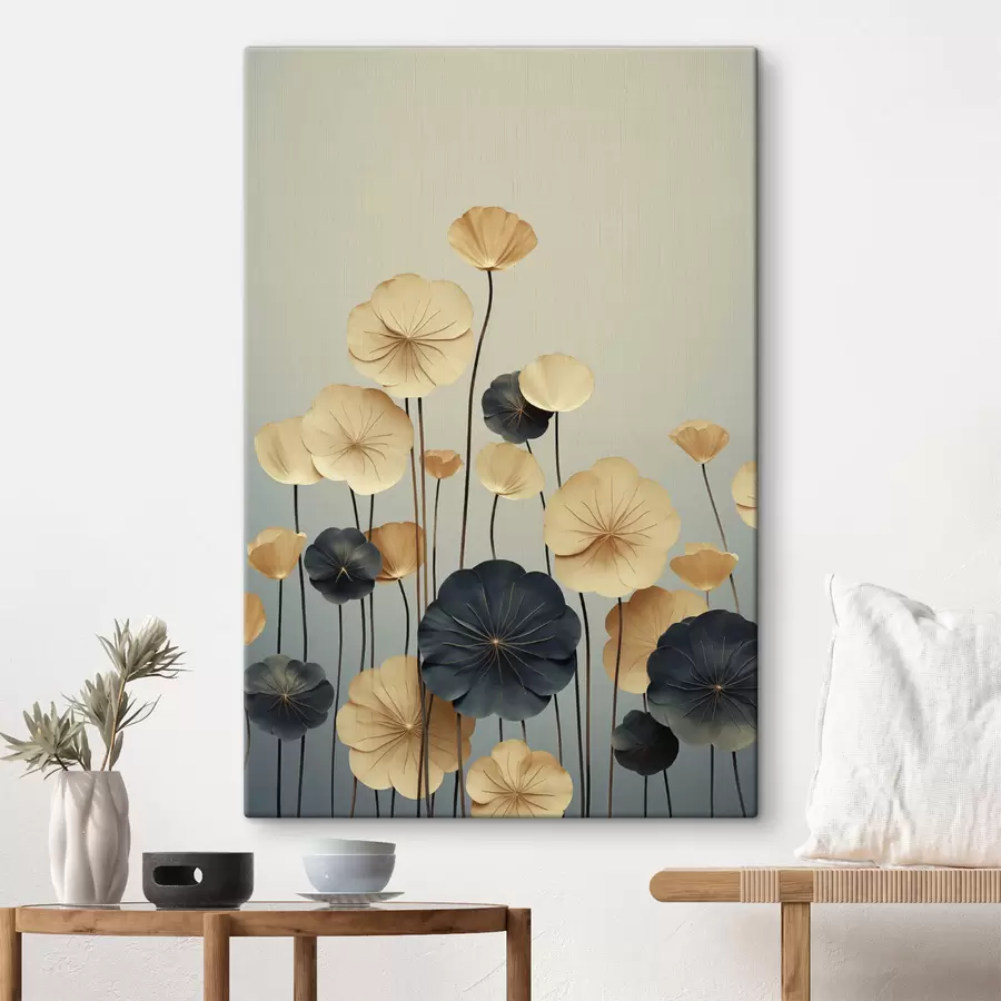 wall murals Water lily leaves against a muted background of beige and dark blue s48734