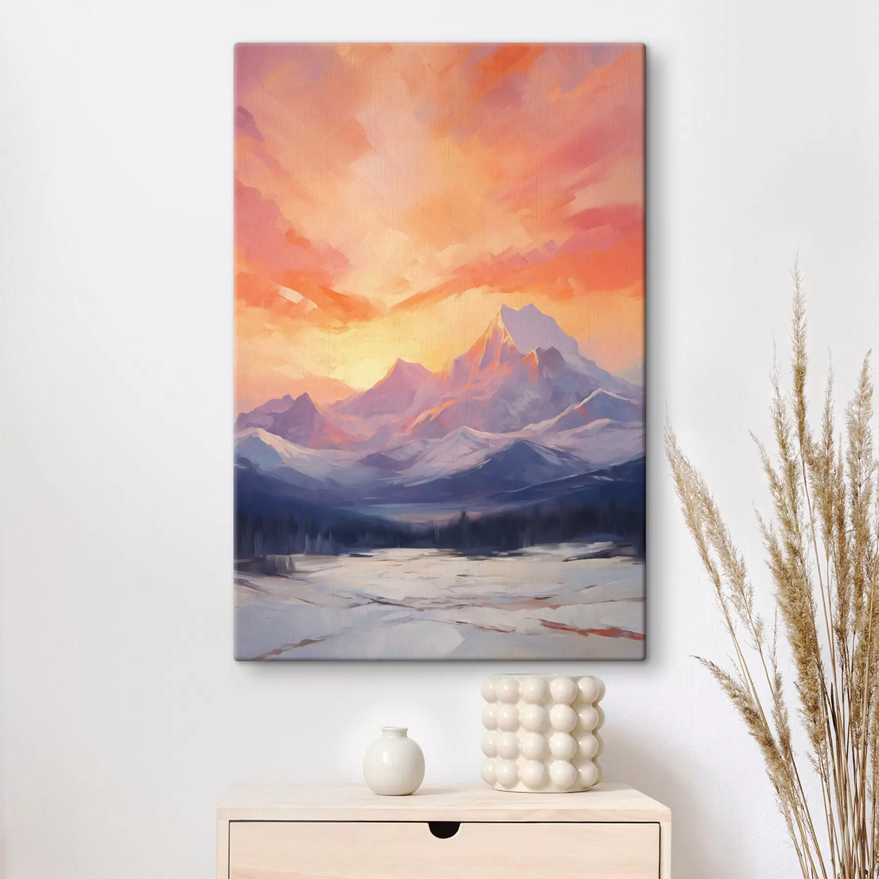 murales Montañas nevadas bajo un cielo de vivos tonos naranjas y rosas salpicado de nubes s48741