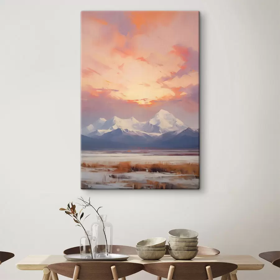 wall murals Snow-capped mountains under a vibrant orange and pink sky with clouds s48742