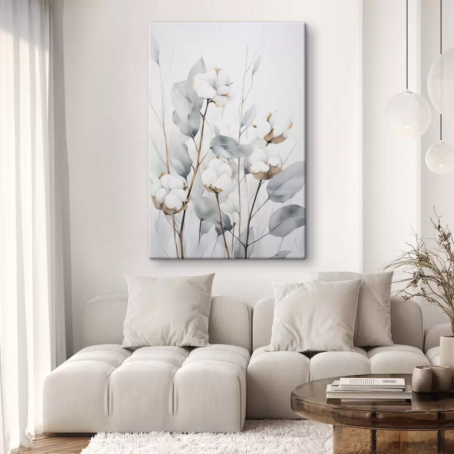 wall murals White cotton plant with pale blue-green leaves against a light background s48743