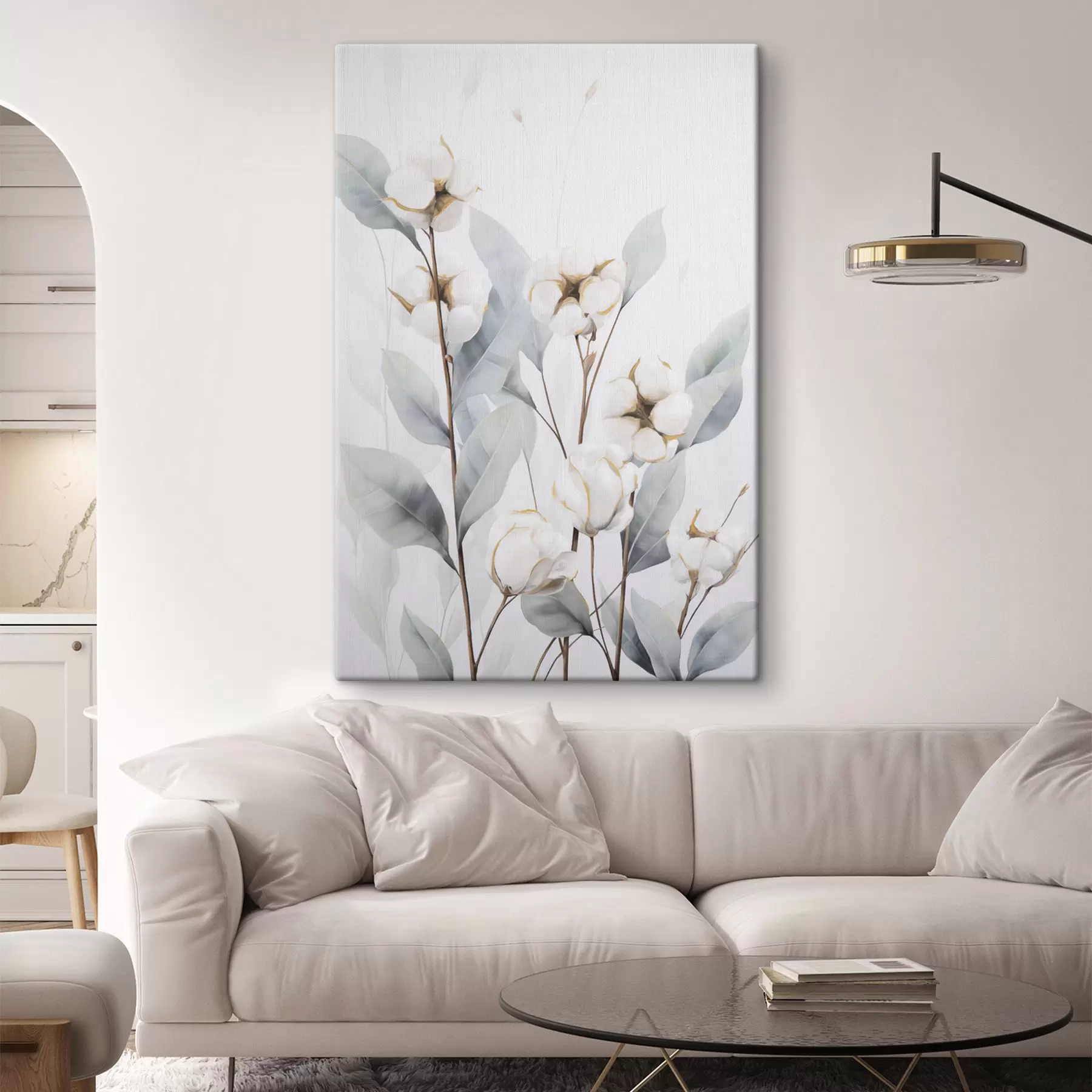 wall murals White cotton plant with pale blue-green leaves against a light background s48744