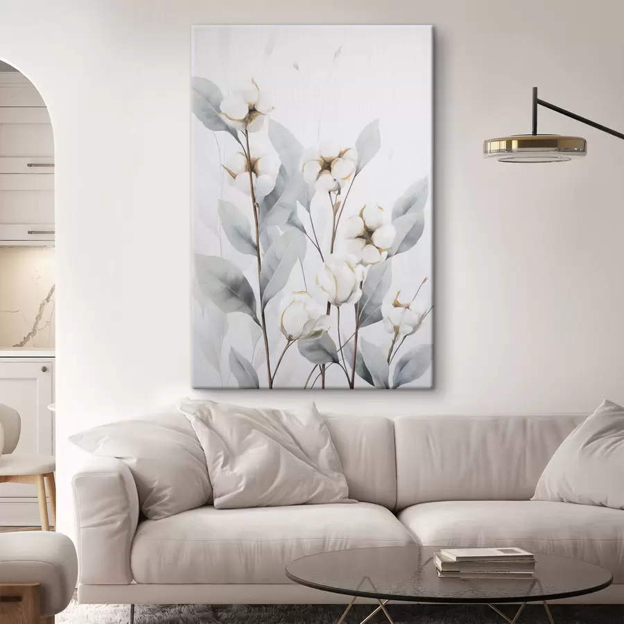 wall murals White cotton plant with pale blue-green leaves against a light background s48744