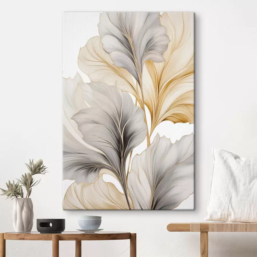 wall murals Large, translucent leaves in shades of grey and yellow s48745