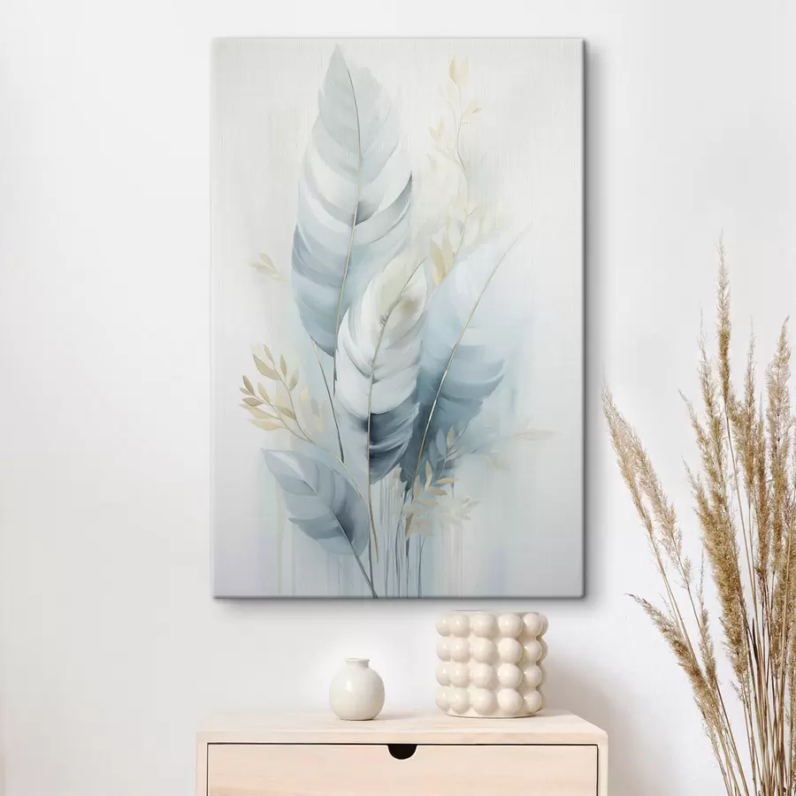 wall murals Large, soft feathers in shades of blue and white with delicate beige leaves s48749