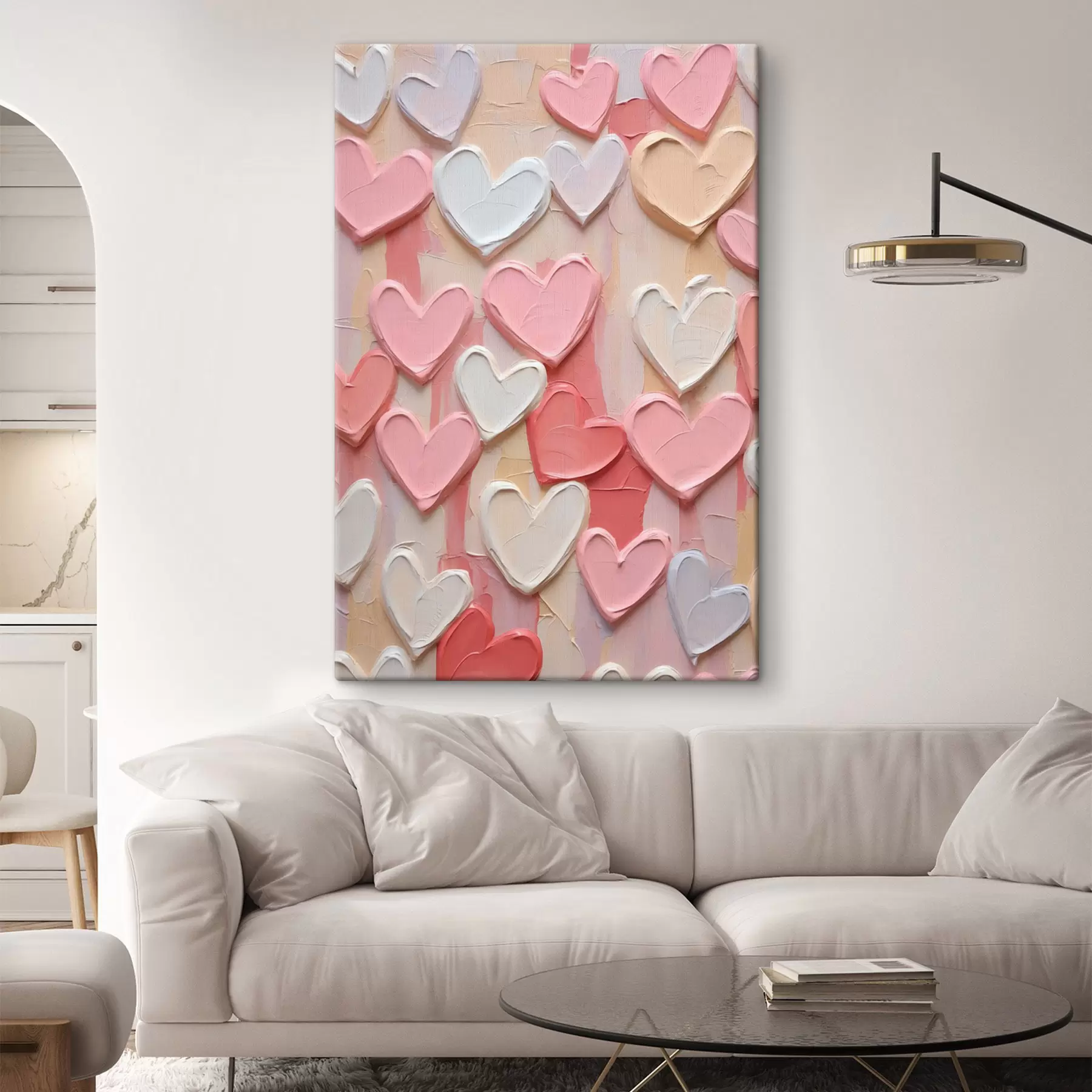 murales Corazones en distintos tonos de melocotón y rosa, con un estilo texturizado y pintado s48751